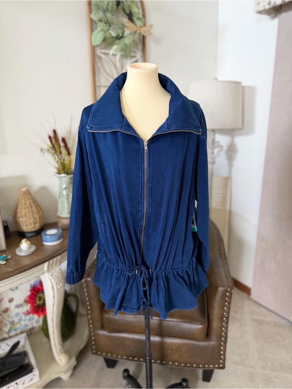 Liverpool Navy Zip-Front Drawstring Jean Jacket